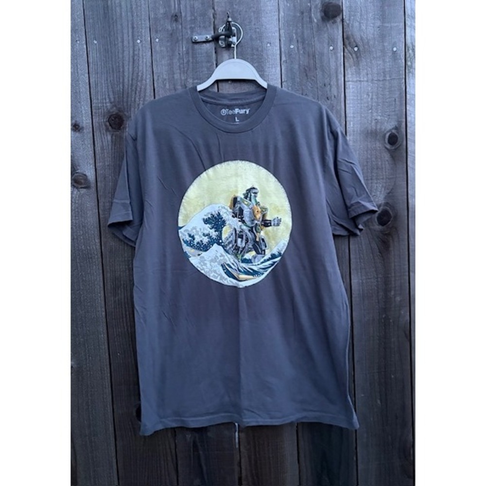 TeeFury Mens Gray‎ Great Wave Mecha Robot Graphic T-Shirt Size L Large